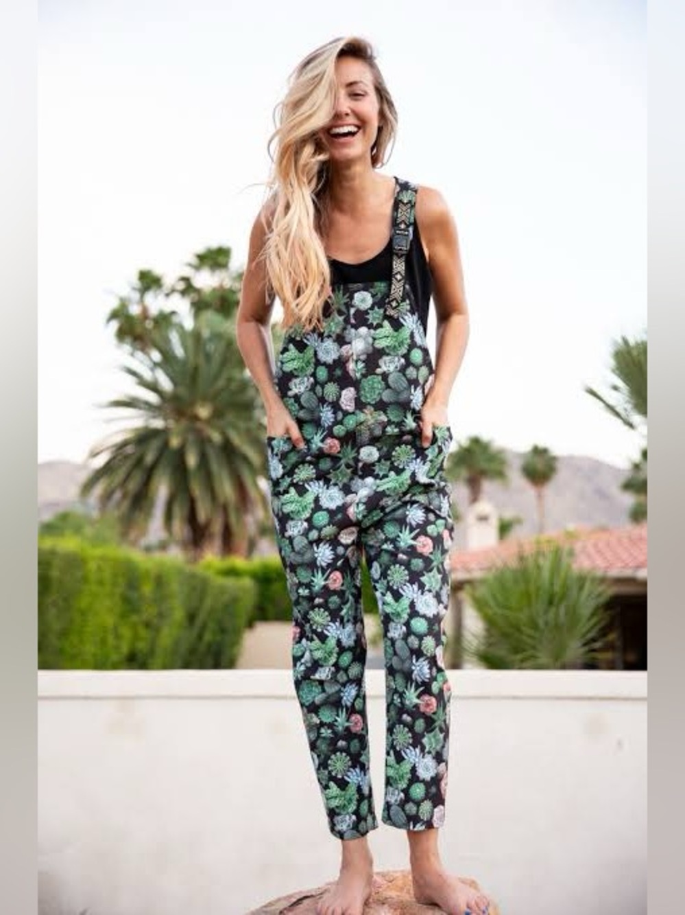 Kavu Floral Cactus Print San Blas Women's Overalls Jumpsuit - Black/Green